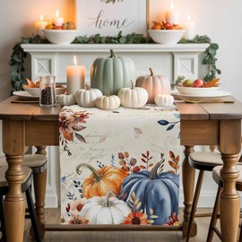 Blue Pumpkins Fall Table Runner - 36 Inch Long, Thanksgiving Weeping Eucalyptus Leaves Kitchen Dining Table Runner Dresser Scarves, Rustic Botanical Decor for Coffee Tables Wedding Party Banquet