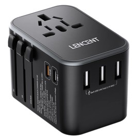 LENCENT Adaptador Universal de Viaje, Cargador Internacional con 3 Puertos USB & 2 PD USB-C, Adaptador Cargador Europeo con Enchufe Tipo A/C/G/I para USA/UE/Reino Unido/Australia/Argentina/China