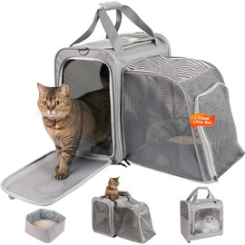 Cat Carrier with Litter Box, Expandable Cat Travel Carrier for Car, Soft Sided Cat Carrier for Cats/Puppies up to 25 lbs, Grey