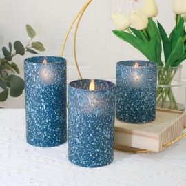 HJANDHJ Blue Flameless Candles with Remote and Timer, Real Wax Battery Operated Candles with Flickering Flame, Glass LED Pillar Candles for Home Wedding Decorations, Set of 3