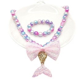 Costume Bay Kids Girls Mermaid Tail Necklace Bracelet Jewellery 2pcs Set Kit Beads Charm Fashion Costume Accessories Beach-themed Underwater Fantasy (Pink, ONE)