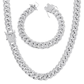 YADOCA Mens Cuban Link Chain Silver Bling Miami Cuban Necklace Bracelet Set Diamond Chain for Men Iced Out Hip Hop Jewelry 56cm