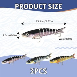 3Pcs Fishing Lures for Bass Trout, Lifelike Pike Fishing Tackle Lures Set 3D Eyes Soft Fish-Lure Pike Bait with Hooks, Plastic Swimbait Floating Top Water Bass Catfish Lure