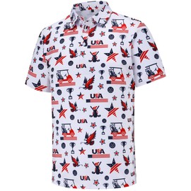 Mens Golf Polo Shirts Short Sleeve Performance Moisture Wicking Dry Fit Casual Print Funny Golf Polo Shirts for Men Patriotic USA American Flag Shirts for Men