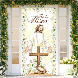 Vohado He is Risen Door Cover Christian Cross Jesus Resurrection Easter Party Decoration Spring School Church Front Porch Sign Decor