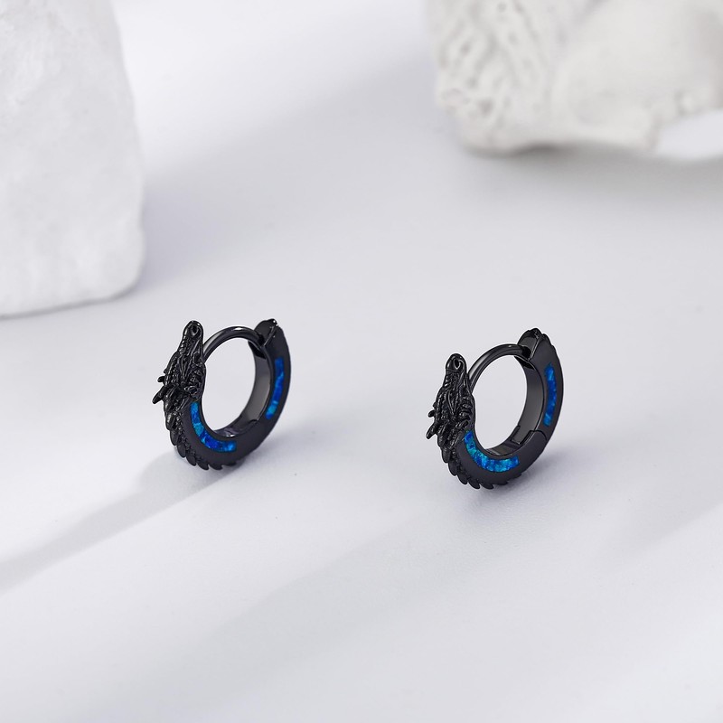 13mm Dragon Hoop Earrings Sterling Silver Black Opal Dragon Huggie