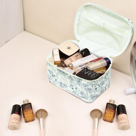 Gosect Large Makeup Bag, Cute Cosmetic Bag for Women Girls, Floral Coquette Aesthetic Toiletry Bag, Travel Make Up Organizer Bag (Navy Blue)