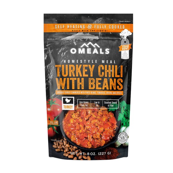 OMEALS Turkey Chili with Beans-MRE-Sustainable Premium Outdoor Food-Extended Shelf Life-Fully Cooked w/Heater-No Refrigeration-Perfect for Outdoor Enthusiasts, Travelers, Emergency Supplies-USA Made