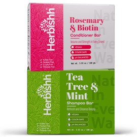 Herbishh Tea Tree Shampoo Bar & Rosemary Conditioner Bar – Clarifying & Strengthening Hair Set for Oily Scalp, Dandruff & Thinning Hair – With Biotin & Mint – Vegan, Sulfate-Free, 2 x 3.53 oz Bars