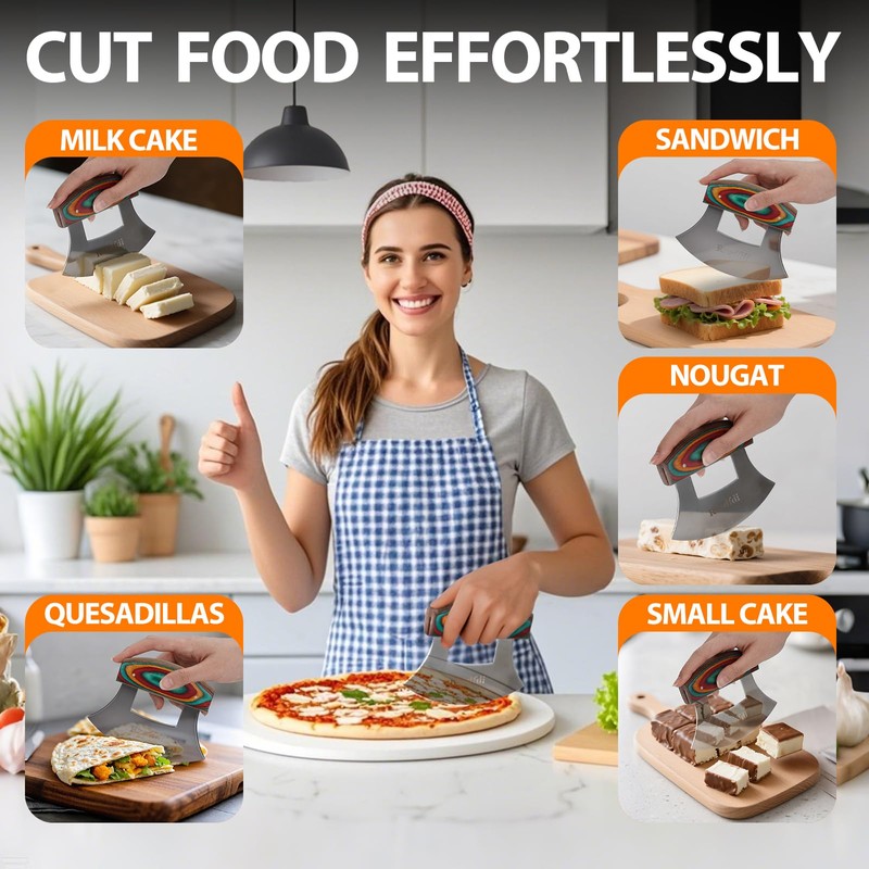 Pizza Cutter Rocker Knife, Sharp Ulu Knife with Wooden handle,