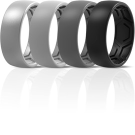 ThunderFit Silicone Rings for Men - 4 Rings Breathable Patterned Design Wedding Bands 8MM (Black, Dark Grey, Grey, Silver, 8.5-9 (18.9mm))