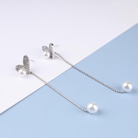 Allereya Vintage Crystal Pearl Drop Earrings Rhinestone Heart Earrings Silver Pearl Dangle Earrings Sparkly Wedding Earrings Jewelry for Women and Girls (Silver)