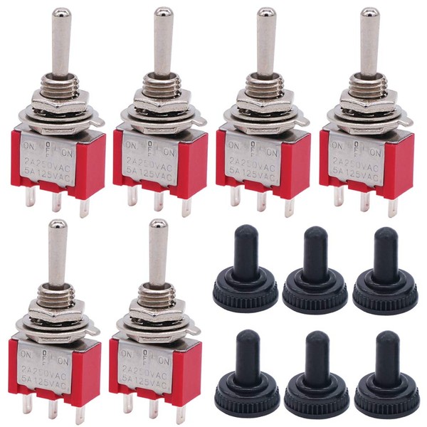 Twidec/6Pcs Mini Momentary Toggle Switch SPDT 3 Position 3 Pins (0N)-Off-(ON) Miniature Toggle Switch AC 5A/125V 2A/250V Car Boat Switches with Waterproof Cap MTS-123-MZ