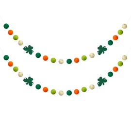 2 Pcs St Patrick's Day Felt Ball Garlands with Shamrock Green White Orange Pom Pom Garlands Decorations for Tree