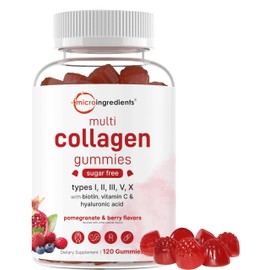 Micro Ingredients Multi Collagen Peptides, 120 Collagen Gummies | Type I,II,III,V,X Protein with Biotin, Hyaluronic Acid, & Vitamin C Complex | Pomegranate & Berry Flavored | Sugar Free, Non-GMO