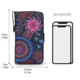 Women's Large Long Format Purse with Flowers and Blossom Pattern, in Mandala and Ethnic Style, Women's Purse with Zip and Press Stud and Many Compartments, Mandala Black,
