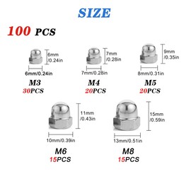 TA-VIGOR 100PPcs Acorn Dome Cap Nuts, Stainless Steel Head Cap Hex Nut, Acorn Thread Hex Cap Head Nuts Assortment Kit M8 M6 M5 M4 M3 for Screws Bolts Fasteners