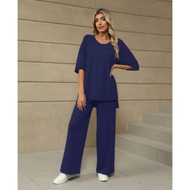 KevaMolly Navy 2 Piece Lounge Set for Women Postpartum Oversized Tops and Wide Leg Pants Soft Comfy Pajamas Set 2 Piece Outfits L