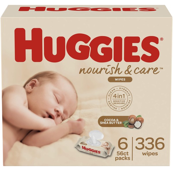 Huggies Nourish & Care Baby Wipes, Sensitive Skincare, Scented, Water-Based, 6 Flip-Top Packs, 56 Count (336 Wipes Total)