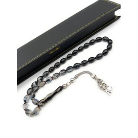 KARAM, Ates Kehribar Gebetskette, 33 Gebetsperlen für Gebet und Meditation, 925er echt Silber Quaste Kettenanhänger mit Buchstaben, Handgefertigt Eigene Herstellung Mit Box