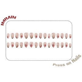 IMRAIN Medium Press on Nails Almond Fake Nails White French Tips False Nails with Leopard Print Designs Full Cover Glossy Glue on Nails Nude Acrylic Stick on Nails for Women 24Pcs