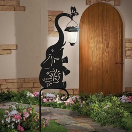 Hokfirm Metal Elephant with Solar Lantern Garden Stake,Garden Lights Solar Powered, Outdoor Decorations for Yard (Black Elephant)