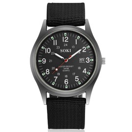 Ziyan Men's Watch Military Army Canvas Calendar Analogue Quartz Sport Watch Quartz Movement with Nylon Strap Luminous Date Display, black, Strap.