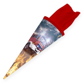 itenga Siblings School Cone Fire Brigade Sugar Bag with Felt Closure - Fire Engine and Fire - School First Day of School 35 cm