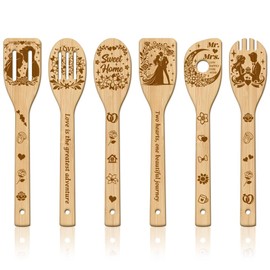 GLOBLELAND 6Pcs Wedding Bamboo Cooking Utensils Wooden Engraved Cooking Spoons Set Carving Kitchen Bamboo Spatula Set Wood Cooking Spoon for Kitchen House Warming Gift