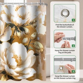 Meiguiman Vintage Floral Shower Curtain 72 x 72 Inch Farmhouse Gold Boho Floral Gorgeous Retro Flower Shower Curtains for Bathroom Waterproof Bath Curtain with 12 Hooks