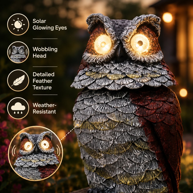 Solar Owl Garden Statue for Outdoor Decor – Glowing Eyes