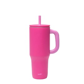 Zak Designs Sutton Travel Tumbler for On the Go, 40oz Stainless Steel with Vacuum Insulation, Silicone Straw, and Carry Handle for Cold Drinks (Razzberry Pink)