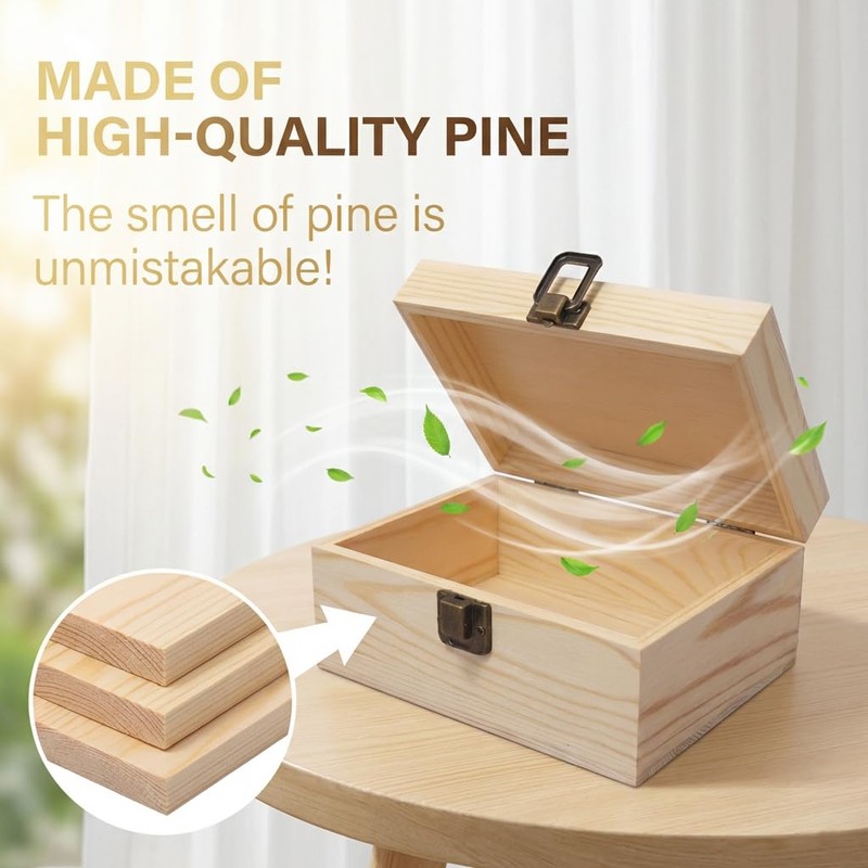 YXFZPAN Small Wooden Box with Hinged Lid - 6.88x4.52x2.36 Inch