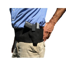 AlphaHolster Belly Band Hand Gun Holster - Abdomen Holster - Cross Draw w/Magazine Holder Pocket (Black, Large)