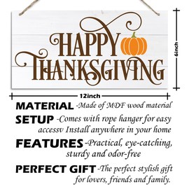 Happy Thanksgiving Door Sign Decor Fall Autumn Seasonal Wall Art Hanging Pumpkin Wooden Decor Front Door Sign Wall Decoration for Indoor Outdoor Party