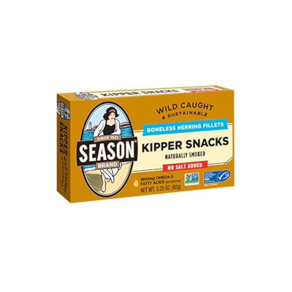 Season Kipper Snacks – Boneless Herring Fillets, No Salt Added, Naturally Smoked, Wild Caught, Keto Snacks, Certified Sustainable Seafood, Non-GMO, 18g of Protein, 1800mg of Omega-3 – 3.25 Oz, 24-Pack