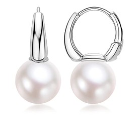 925 Sterling Silver Huggie Hoop with Pearl Earrings Lightweight Dainty Small Pearl Dangle Drop Earrings Minimalist Jewelry for Women (Sliver)