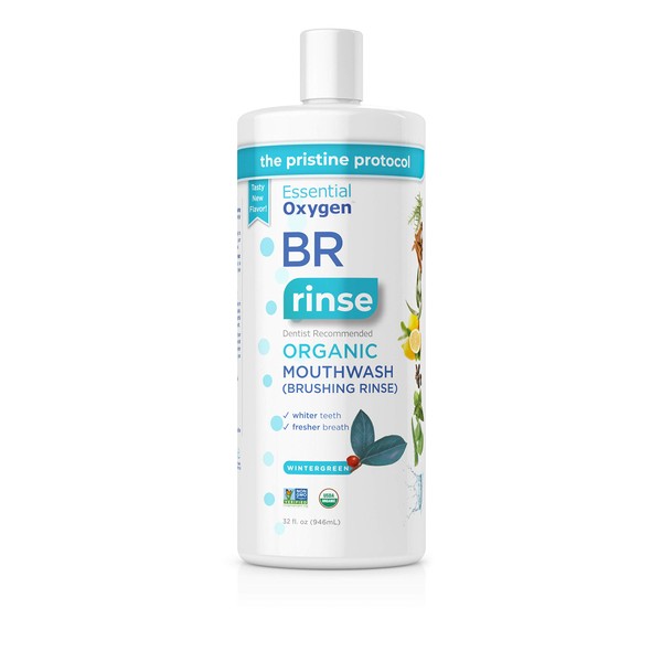 Essential Oxygen Certified BR Organic Brushing Rinse, All Natural Mouthwash for Whiter Teeth, Fresher Breath, and Happier Gums, Alcohol-Free Oral Care, Wintergreen, 32 Ounce