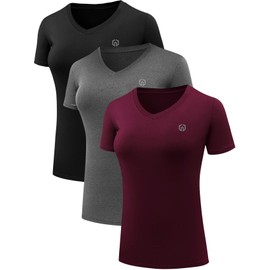 NELEUS Women's 3 Pack V Neck Compression Running Shirt Workout Clothes,8016,Black/Grey/Burgundy,3XL