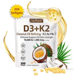 Gwynne Vitamina D3 10.000ui + K2 Mk-7 200mcg,2 En 1 Aceite De Coco Vírgenapoyo Óseo,inmunológico Y Cardíaco,300 Cáps