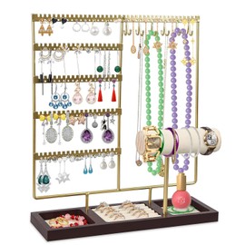 HINIHAO Earring Holder,Jewelry Organizer Stand Necklace Holder, 5-Tier Jewelry Tower Rack 108 Holes, 12 Hooks Necklaces Hanging, for Bracelets Earrings Rings Watches (Gold)