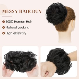 S-noilite Messy Bun Hair Piece Human Hair Wavy Real Hair Bun Extensions Messy Bun Hair Pieces for Women Scrunchies Updo Real Human Hair Bun Jet Black