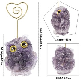 KYEYGWO Owl Statue Table Number Holders Desk Memo Clip, Crystal Animal Heart Shaped Place Card Holder for Wedding Reception, Amethyst