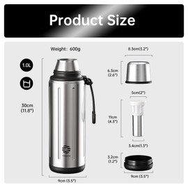 Heater Vacuum Flask for Hot Drink 1L (72 hrs Cold & 48 hrs Hot) Tea Thermal Cup with Removable Base and Filter Coffee Flask 304 Stainless Steel Bottle for Travel Office and School(Silver)