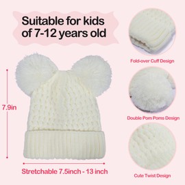 KDVOG Kids Winter Hat Warm Knitted Beanies with Double Pom Pom Thick Ski Cap for Boys Girls 7-12 Years White