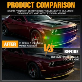 Gempro RGB LED Side Marker Lights Compatible with Dodge Challenger 2015-2023, Front Rear Fender Bumper Side Marker Reflectors Lamps,16 Color Lighting 4 Lighting Modes, Somked Len, 4PCS