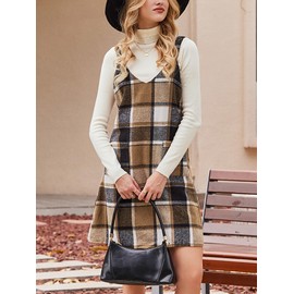 CUPSHE Fall Dresses for Women V Neck Plaid Sleeveless Wide Strpas Pockets Casual Pinafore Mini Overall Dress Khaki Plaid, M