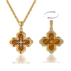 Fettero Dainty Gold Necklace for Women - Double Sided Pendant Necklace 14K Gold Plated Charm Clover Necklace Jewelry for Valentine's Day - Brownish yellow