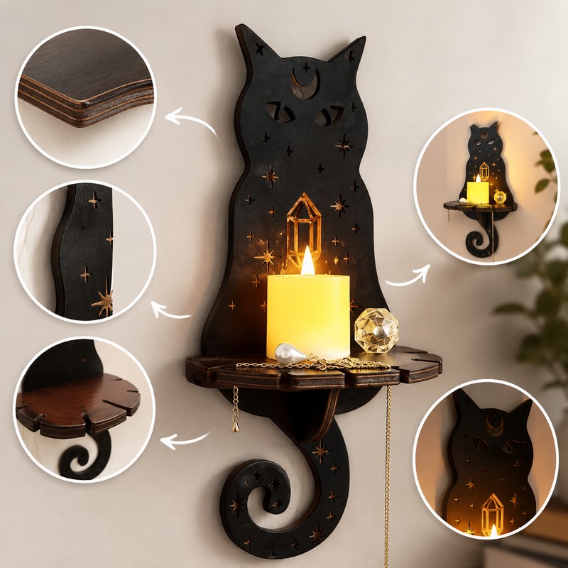Cat Wall Shelf for Candle & Small Item Display –
