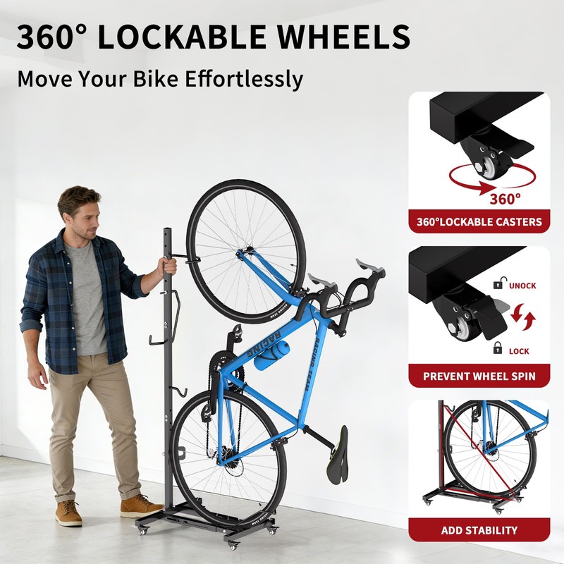 Vertical Bike Stand with Wheels, Fits 22"-29" Bikes, Tires up